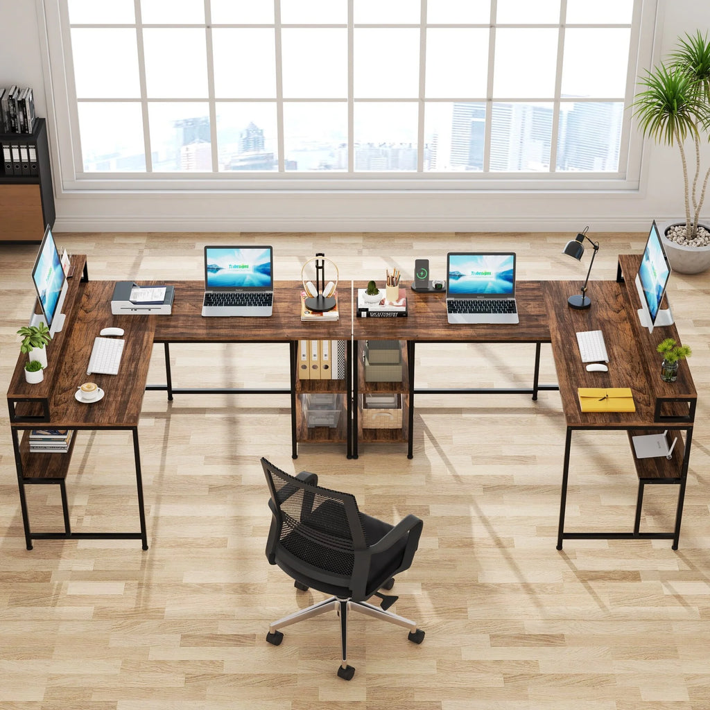 59" L Shaped Desk with Monitor Stand and Storage Shelf N6372