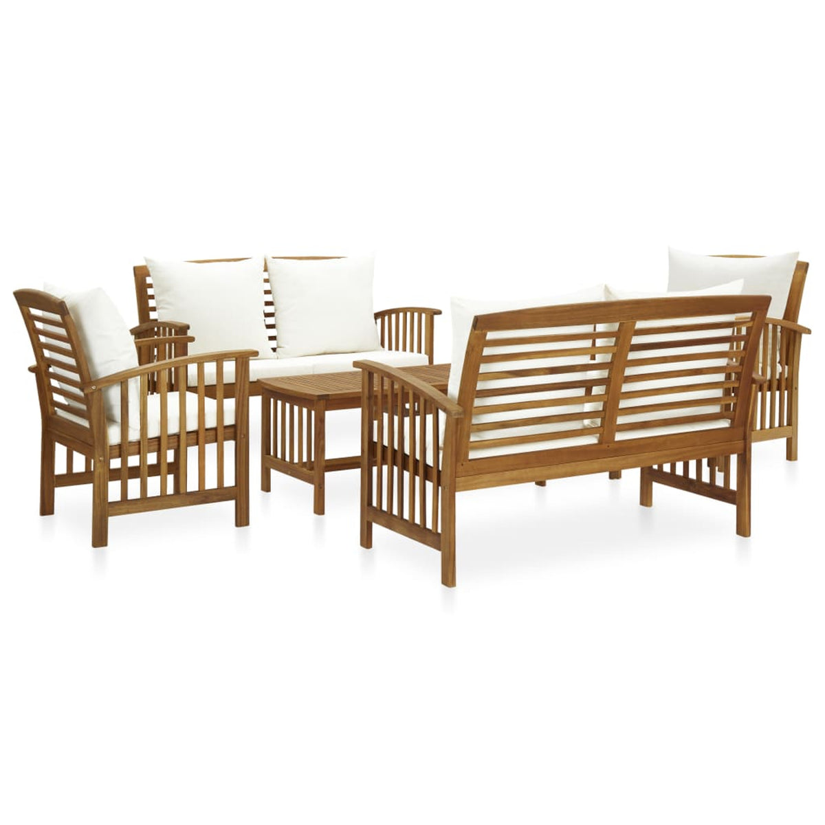 5 Piece Patio Lounge Set Cream White Cushioned Acacia Wood Outdoor Sofa Set L995
