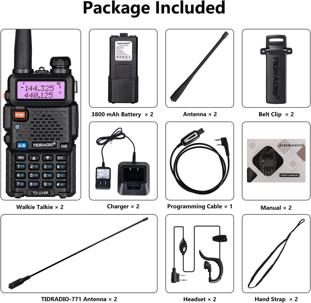 2 Pack Ham Radio Handheld Walkie Talkie with Rechargeable 3800mAh Extended Battery Antenna Earpiece and Programming Cable M223943