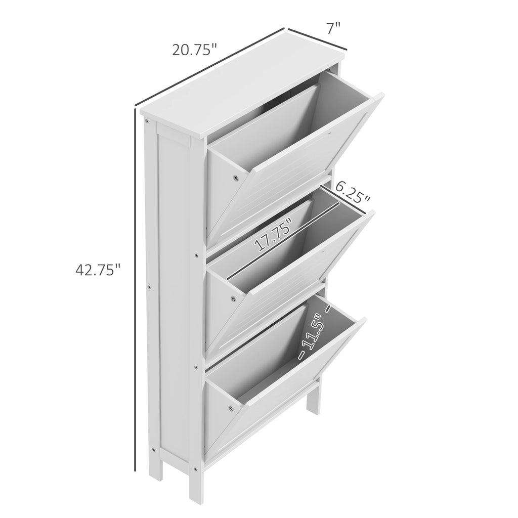 Narrow White Shoe Storage Cabinet with 3 Flip Drawers Z856