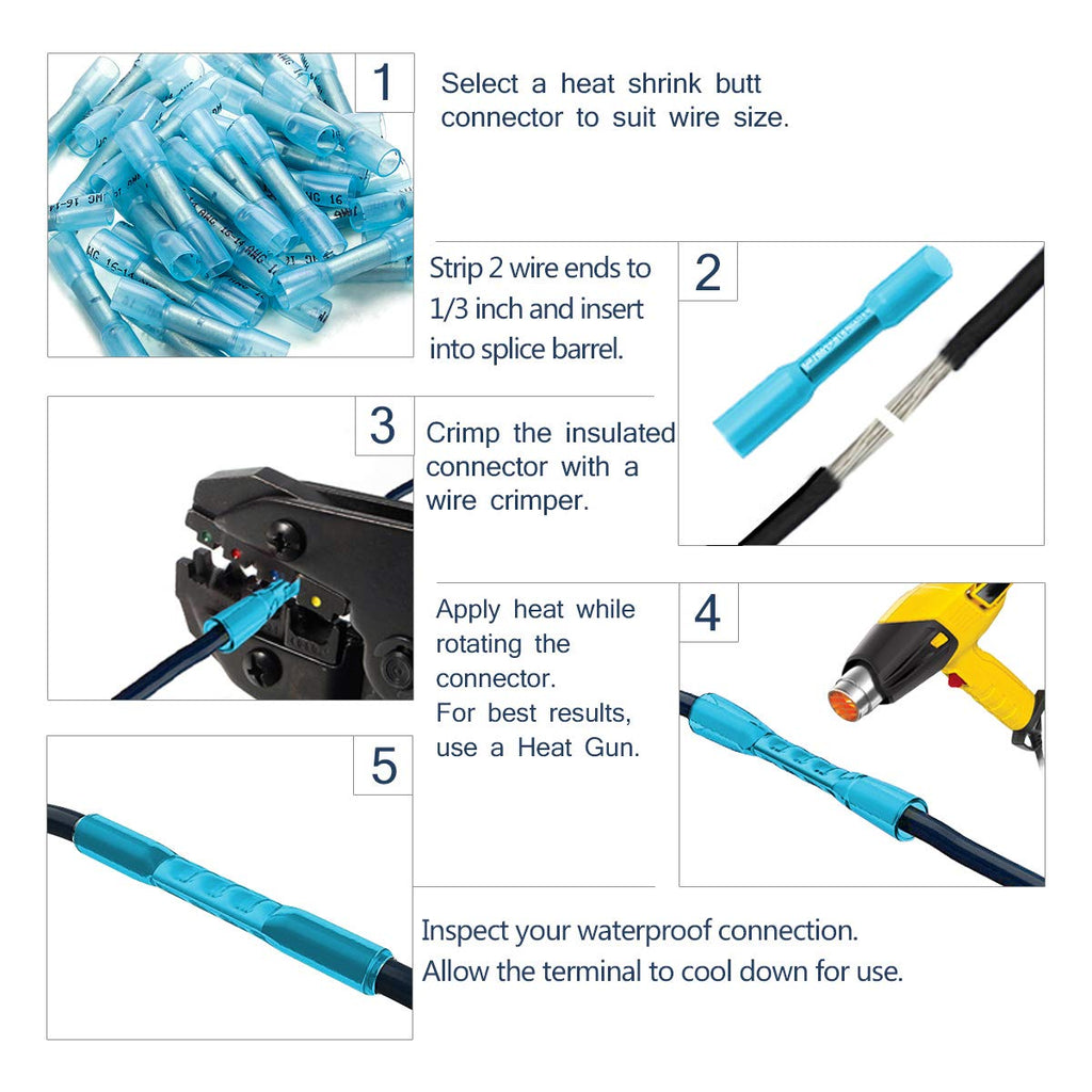 600PCS Heat Shrink Butt Connectors 16-14 AWG Waterproof Insulated Crimp Terminals (Blue) Pack of 2 B778