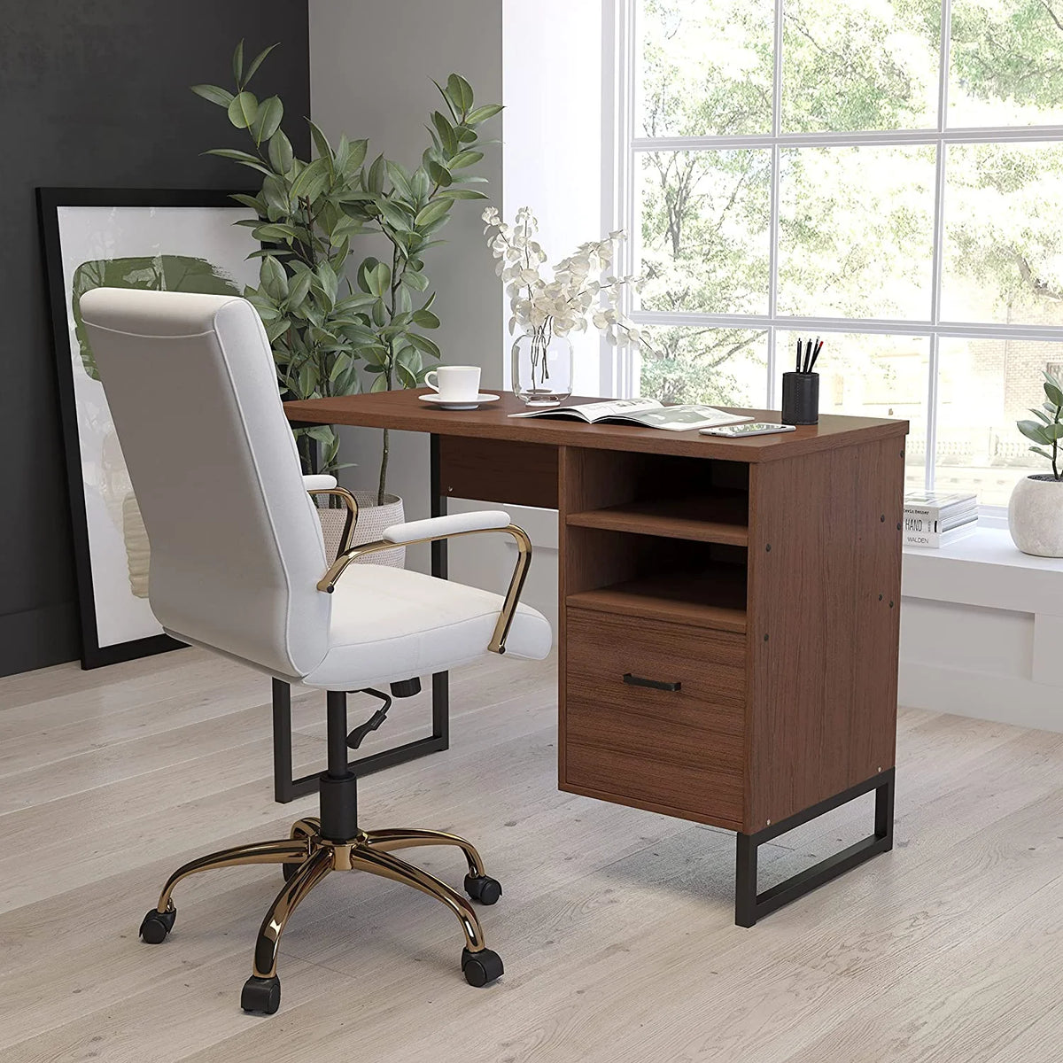 Rustic Computer Desk with Shelving and Drawer M58571