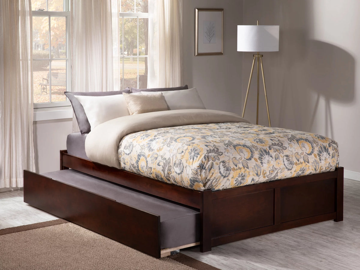 Full Solid Wood Platform Bed with Footboard & Trundle in Walnut W646249