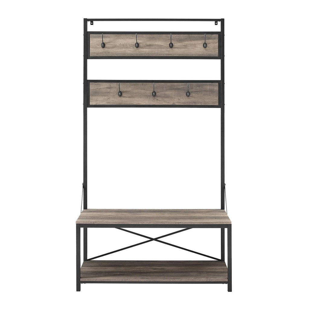 Industrial Metal and Wood Hall Tree Gray Wash W3427
