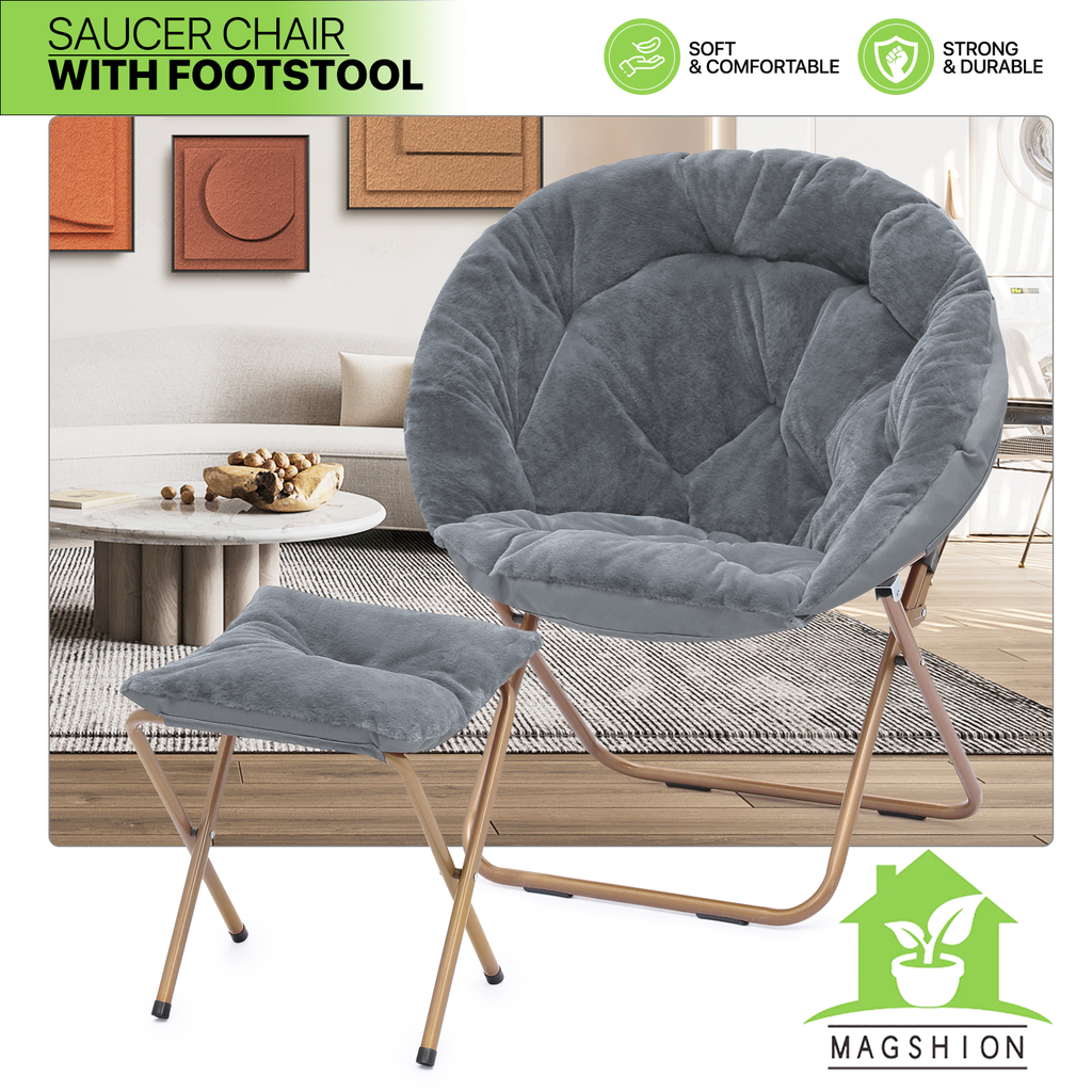Gray Faux Fur Folding Saucer Chair and Footrest Stool Set U84126