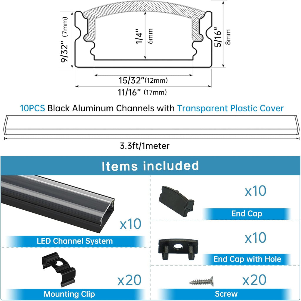 10Pack 3.3FT Black LED Channel System with Clear Cover Lens Aluminum Extrusion Track Housing Profile U Shape S388382