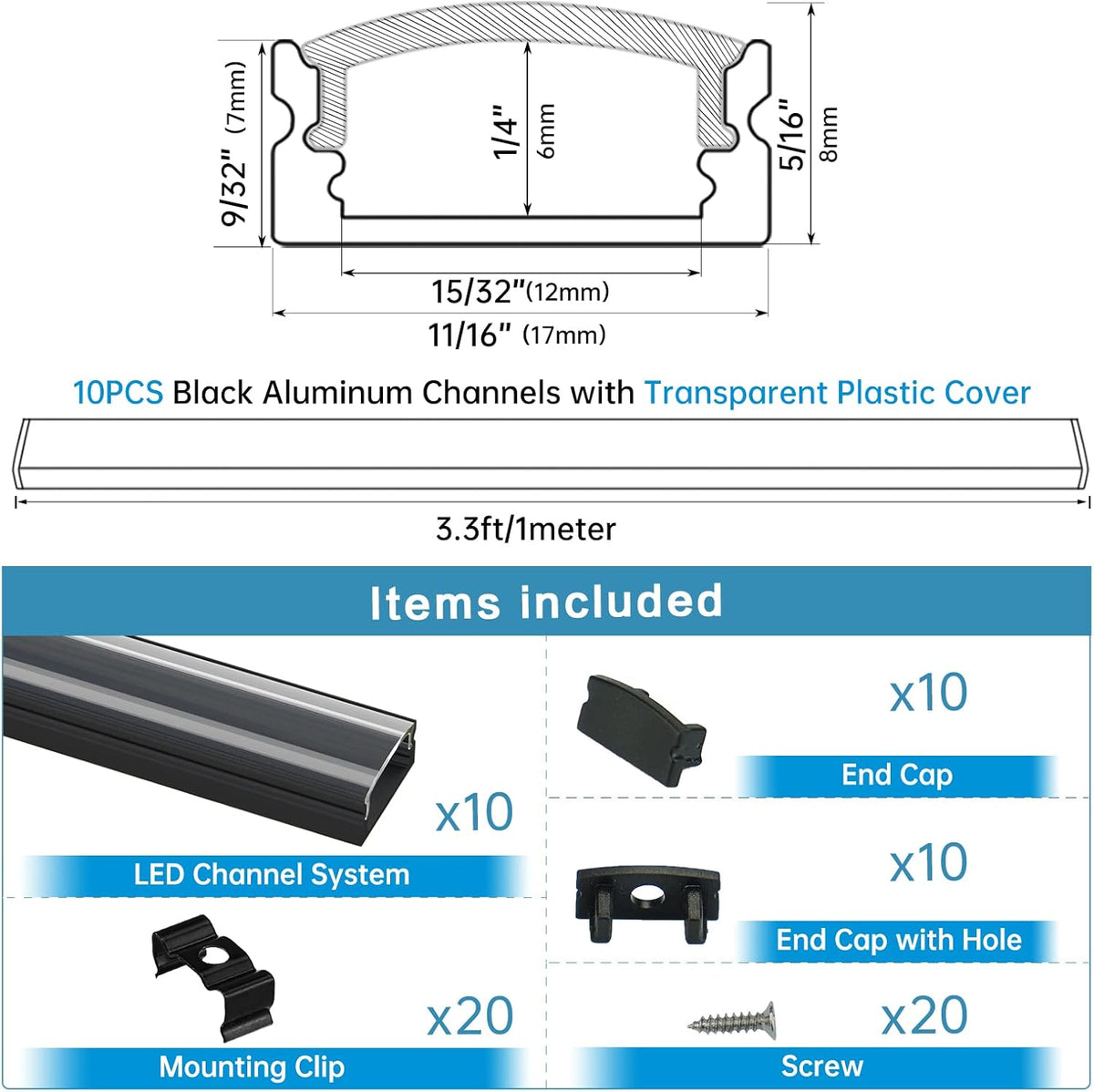 10Pack 3.3FT Black LED Channel System with Clear Cover Lens Aluminum Extrusion Track Housing Profile U Shape S388382