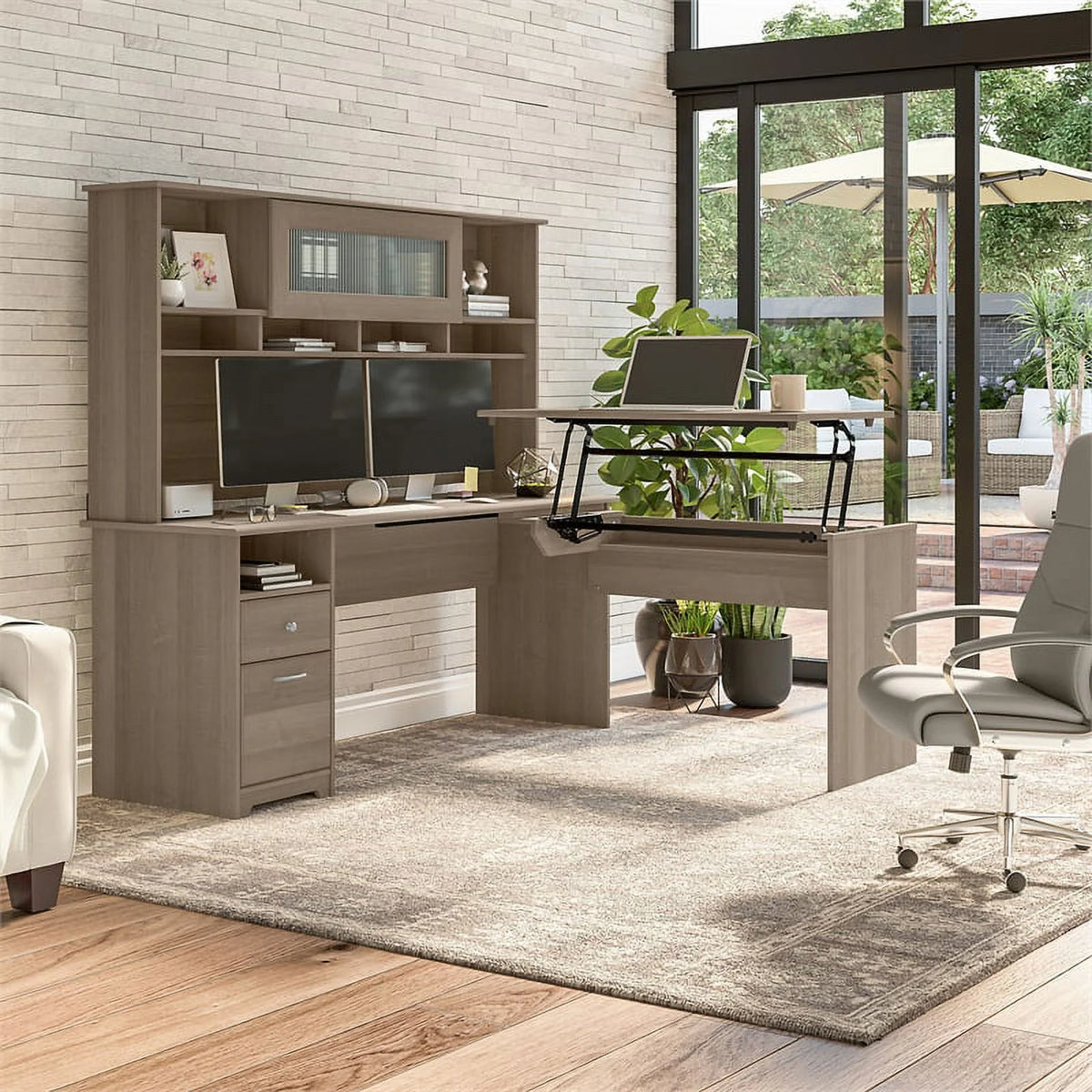 72W Sit to Stand L Desk with Hutch in Ash Gray Engineered Wood W94103