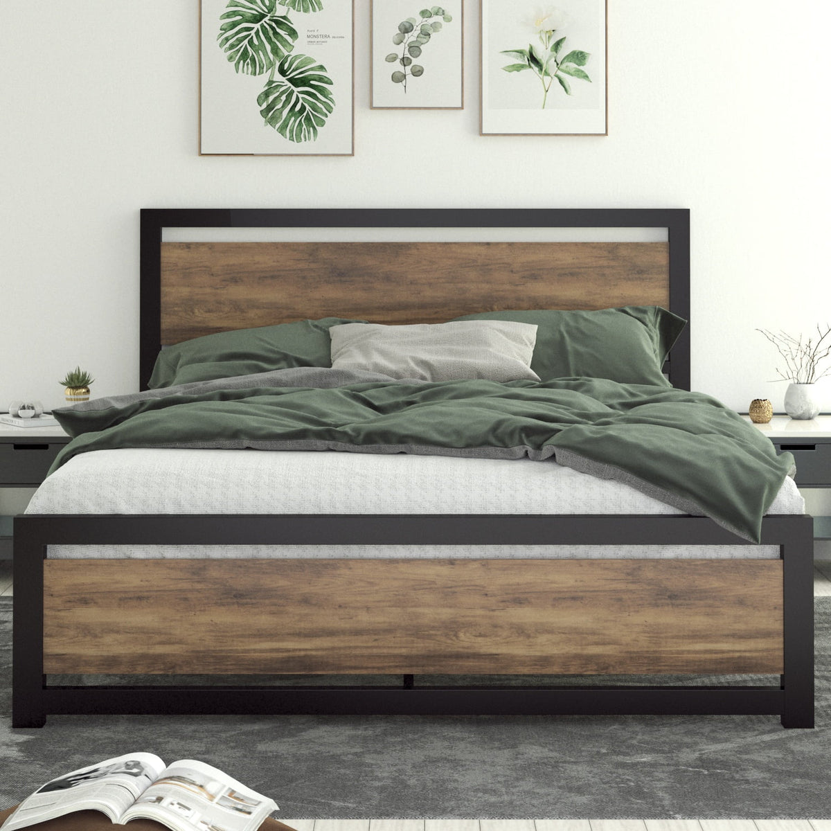 Queen Size Metal Platform Bed Frame with Wooden Headboard Footboard E2534