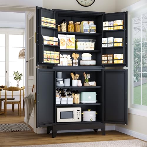 75.2" Tall Black Metal Pantry Cabinet with 4 Door and 4 Adjustable Shelves M104