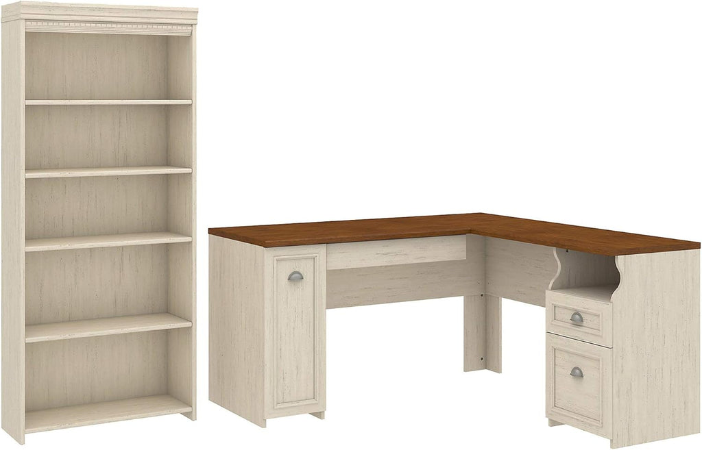 Antique White L Shaped Desk and 5 Shelf Bookcase V887569