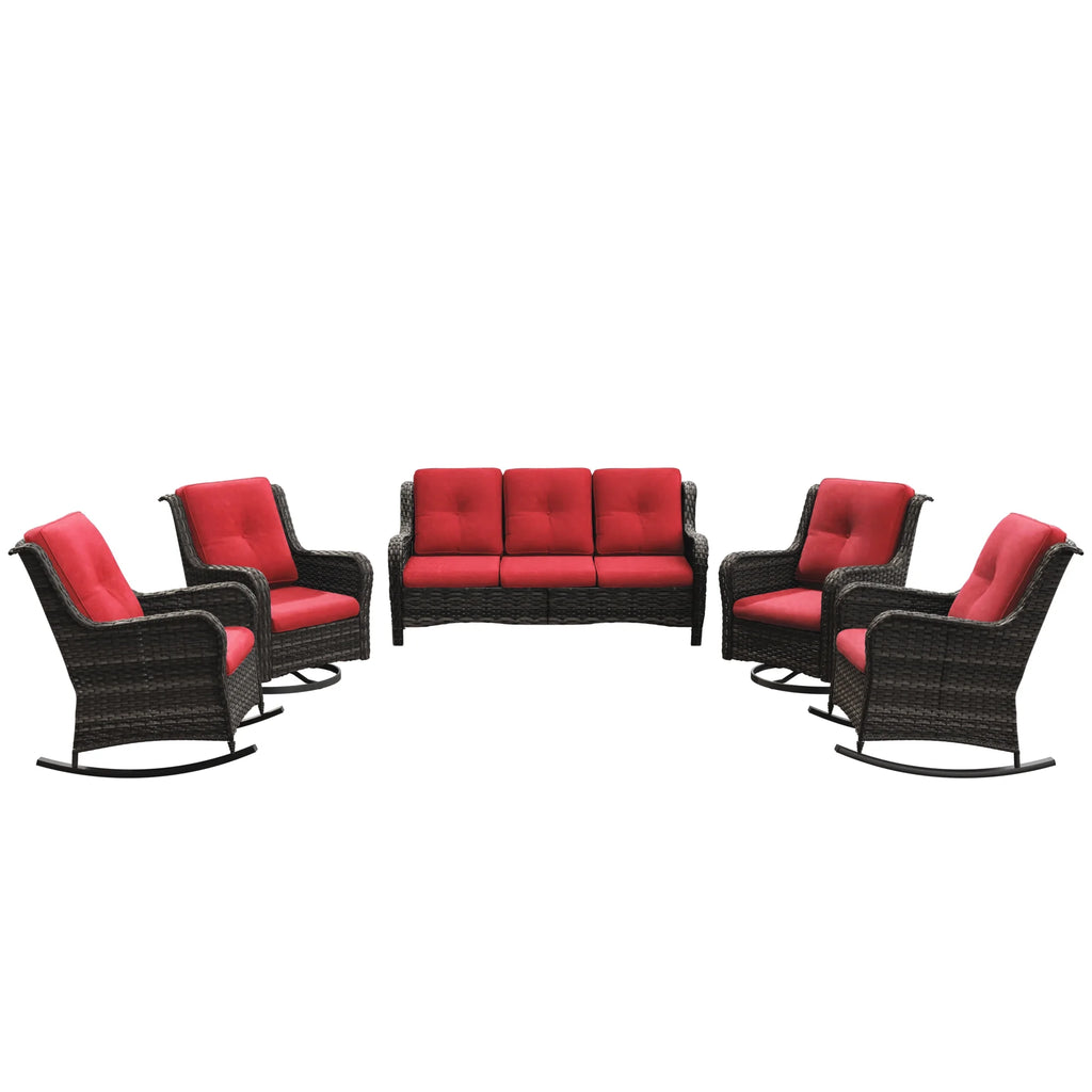 5 Pieces Patio Furniture Set with 3-Seat Sofa and Swivel Rocking Chairs, Red D295679