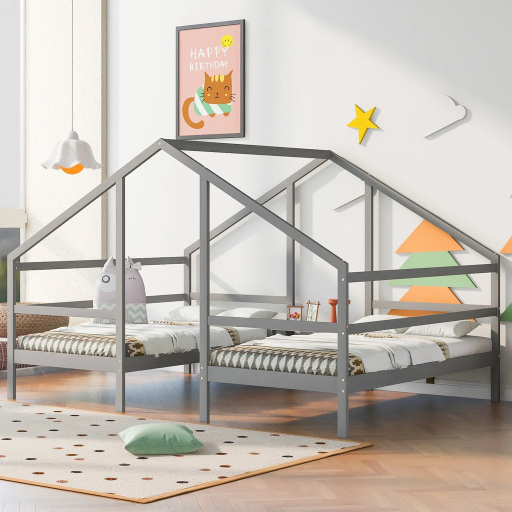 Twin Size Triangular House Beds with Built-in Table Grey T55586