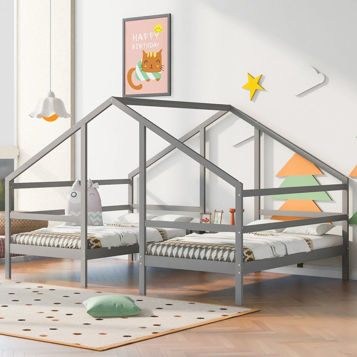 Twin Size Triangular House Beds with Built-in Table Grey T55586