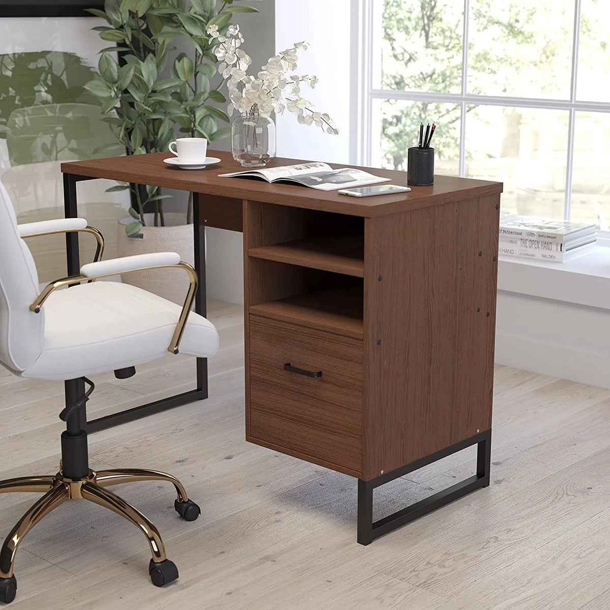 Rustic Computer Desk with Shelving and Drawer M58571