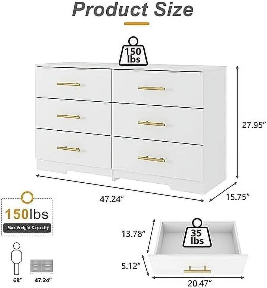 White 6 Drawer Wood Dresser with LED Light B984
