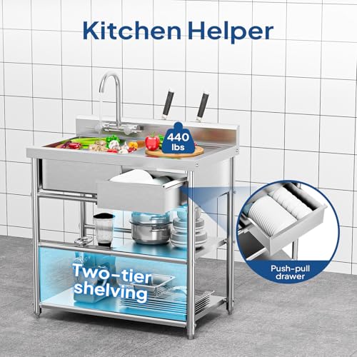 Stainless Steel Freestanding Utility Sink with Workbench Drawer G67978
