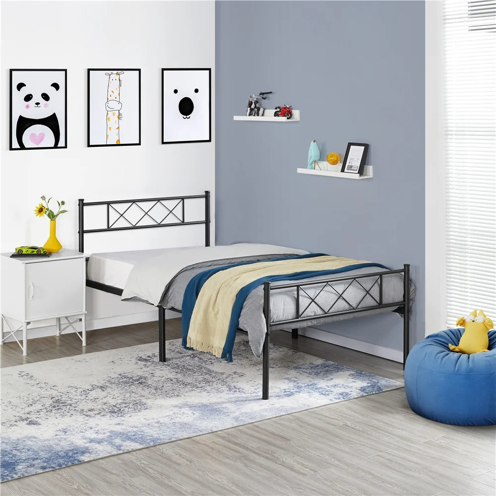 Black Twin Metal Slatted Bed Frame with Headboard Footboard I9013