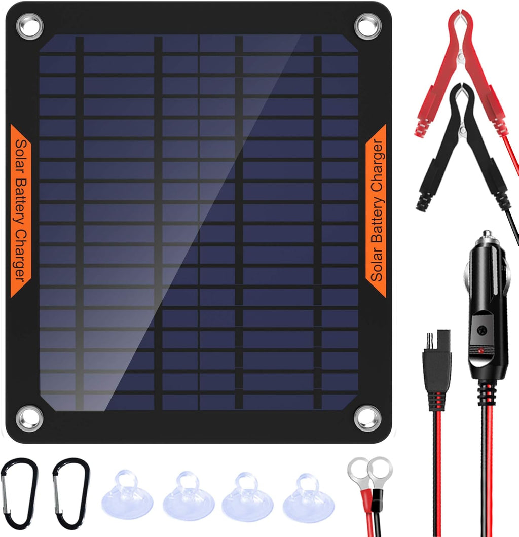 10W 12V Solar Panel Car Battery Charger Portable Waterproof Trickle Charger & Maintainer with Cigarette Lighter Plug & Alligator Clip Pack of 2 X994595