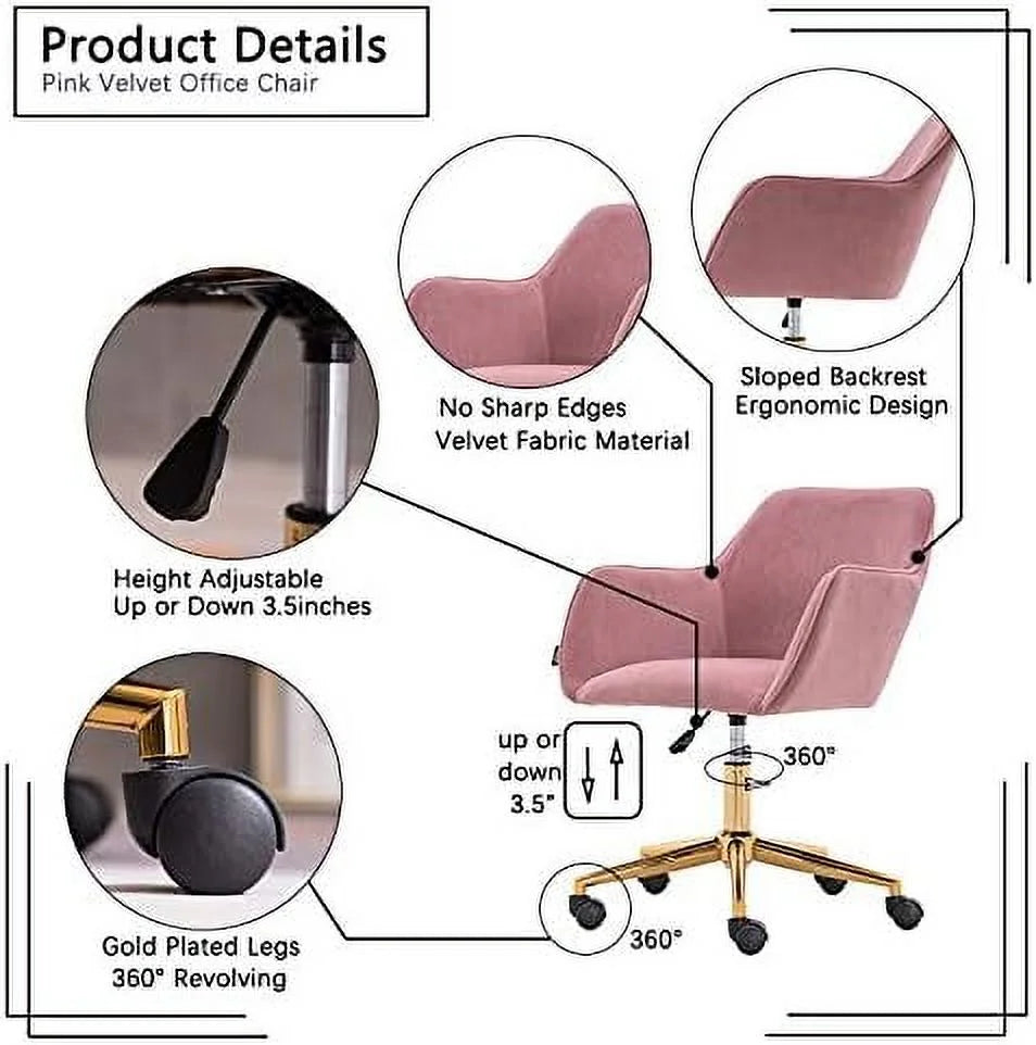 Velvet Yellow Adjustable Height Revolving Office Chair with Gold Metal Legs G714049