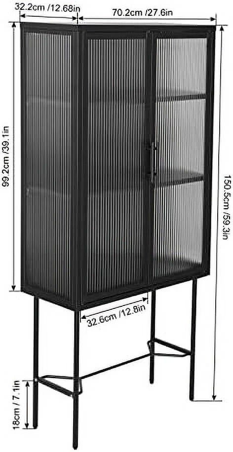 Tall Cabinet with 2 Fluted Glass Doors and 2-Tier Adjustable Shelves Black U143