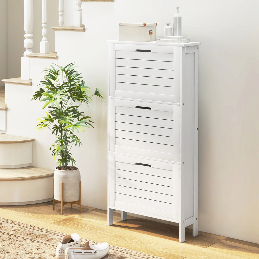 Narrow White Shoe Storage Cabinet with 3 Flip Drawers Z856