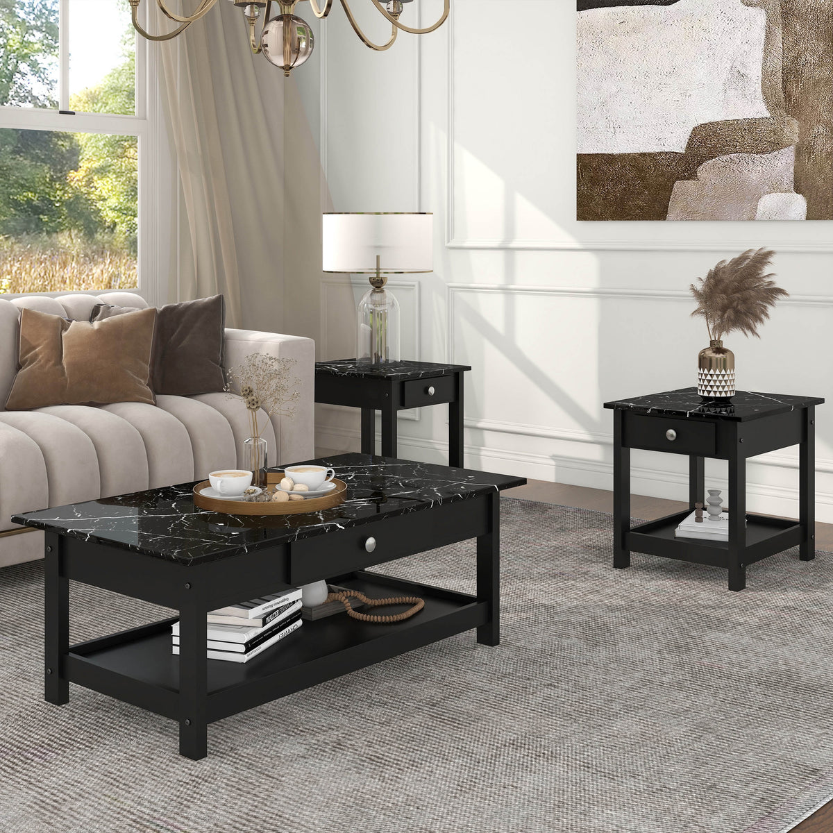 Black 3-Piece Wood Coffee Table Set W591159