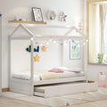 Twin Size White Wooden House Bed with Trundle and Roof H2319