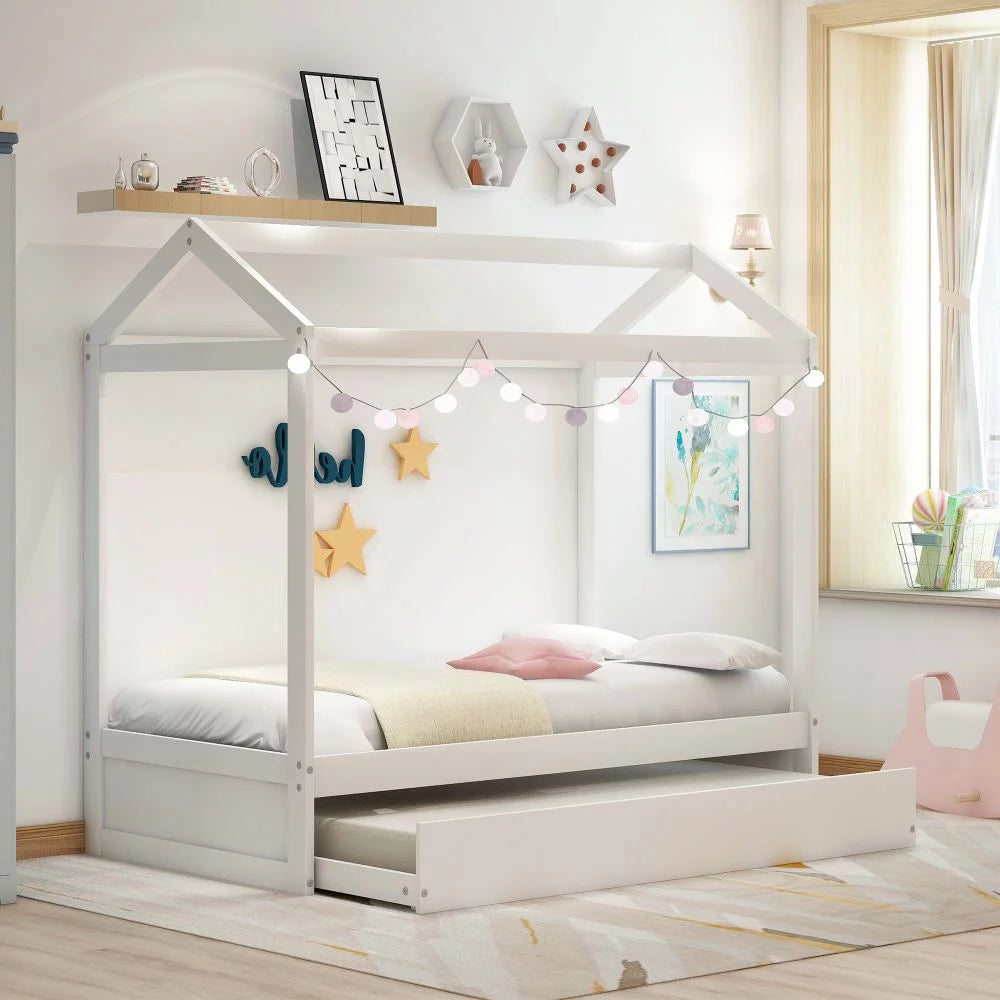 Twin Size White Wooden House Bed with Trundle and Roof H2319