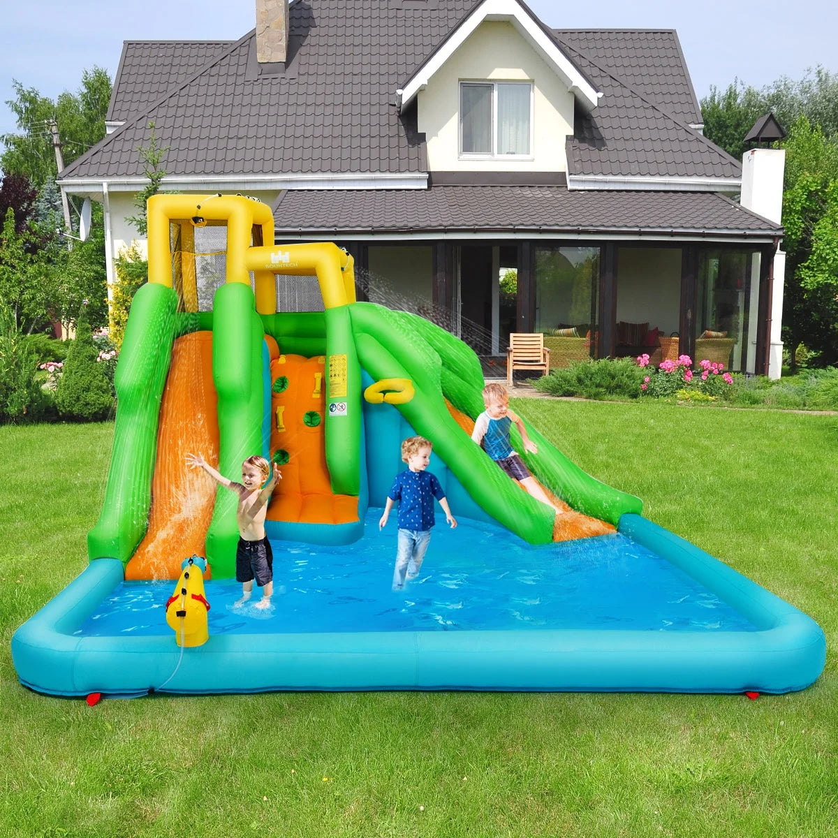 Inflatable Water Park Bounce House Two-Slide Bouncer with Climbing Wall and 550W Blower Y218