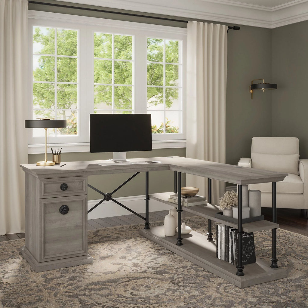 L Shaped Desk with Storage in Driftwood Gray N366