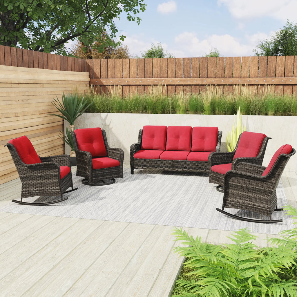 5 Pieces Patio Furniture Set with 3-Seat Sofa and Swivel Rocking Chairs, Red D295679