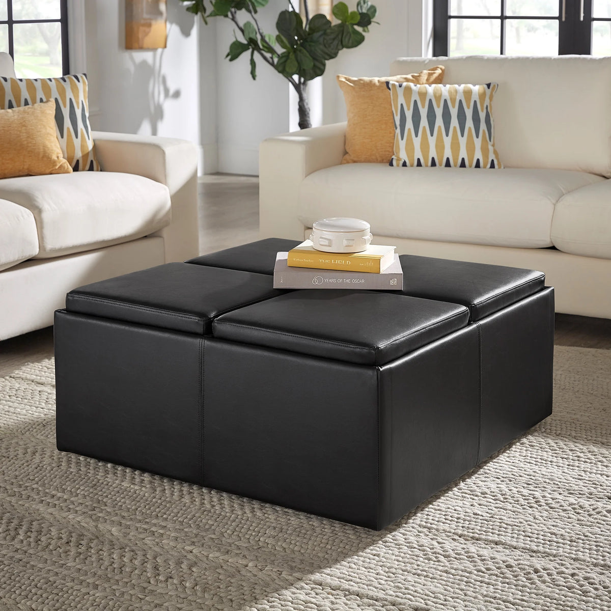 Dark Brown Faux Leather Storage Ottoman with 4 Trays P387459