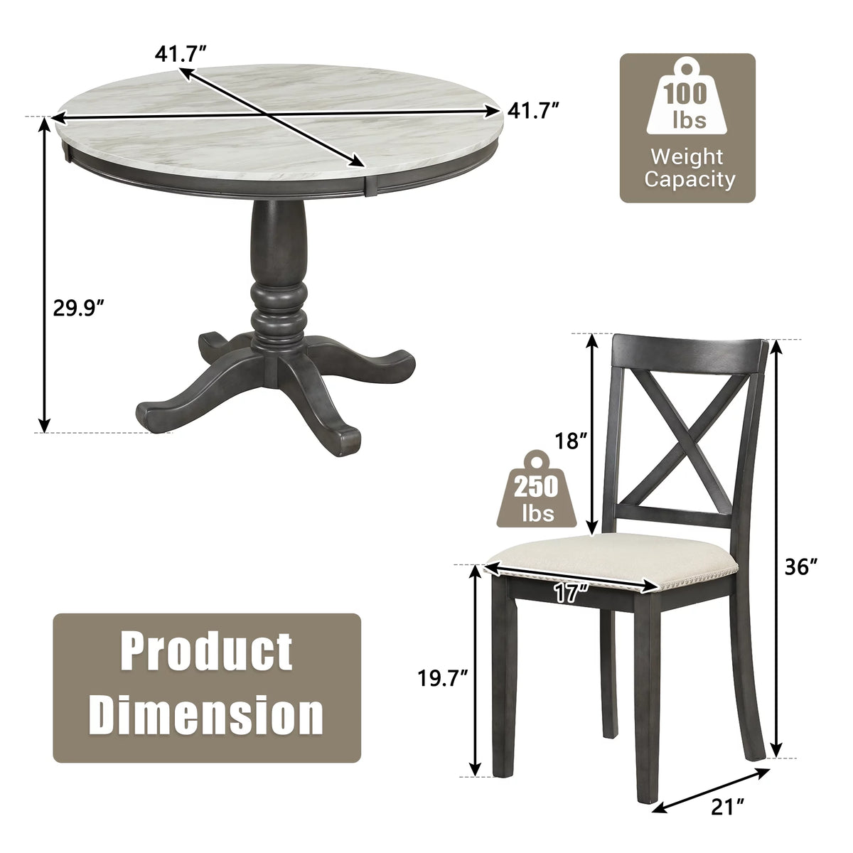 5 Piece Solid Wood Dining Room Set with 4 Chairs Y4328