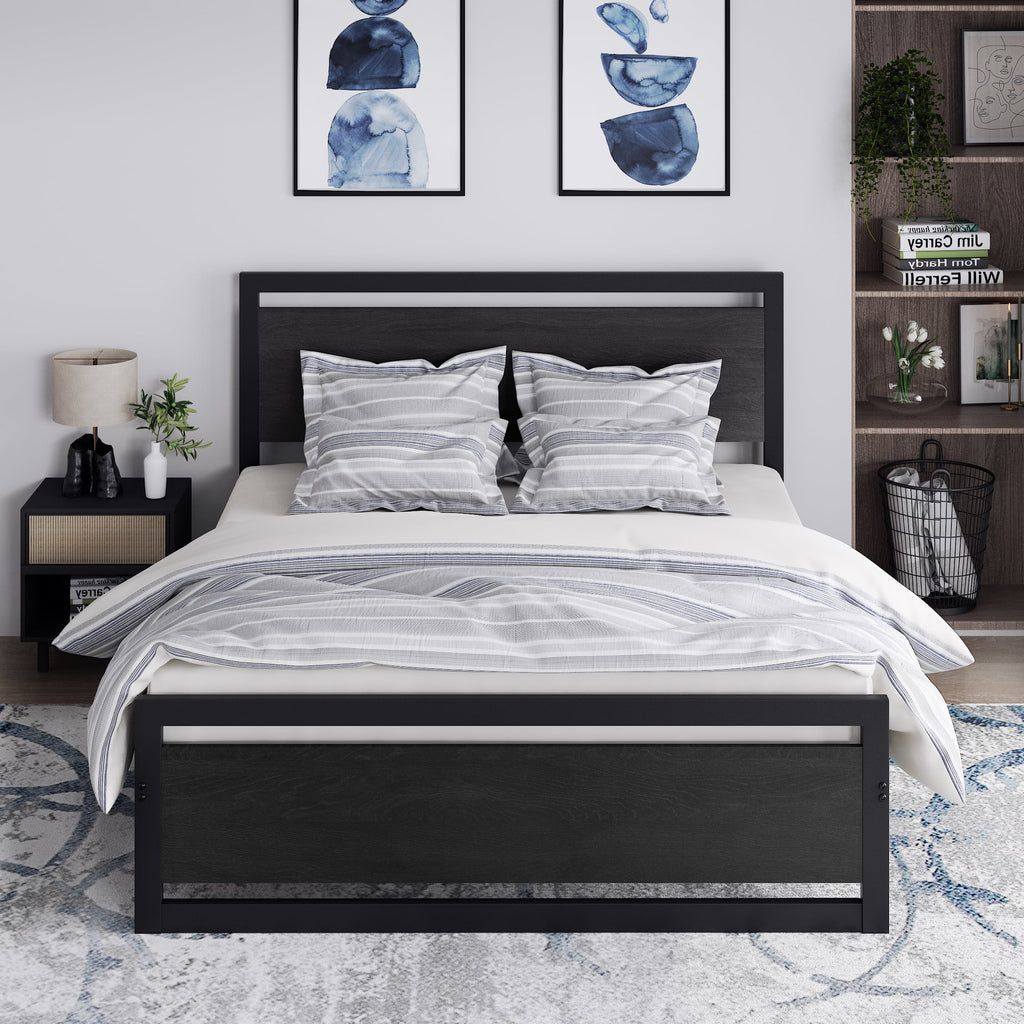 Queen Size Metal Platform Bed Frame with Wooden Headboard Footboard E2534