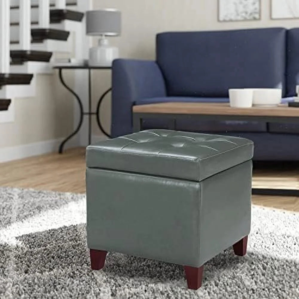 Tufted Leather Square Ottoman with Hinged Lid N918