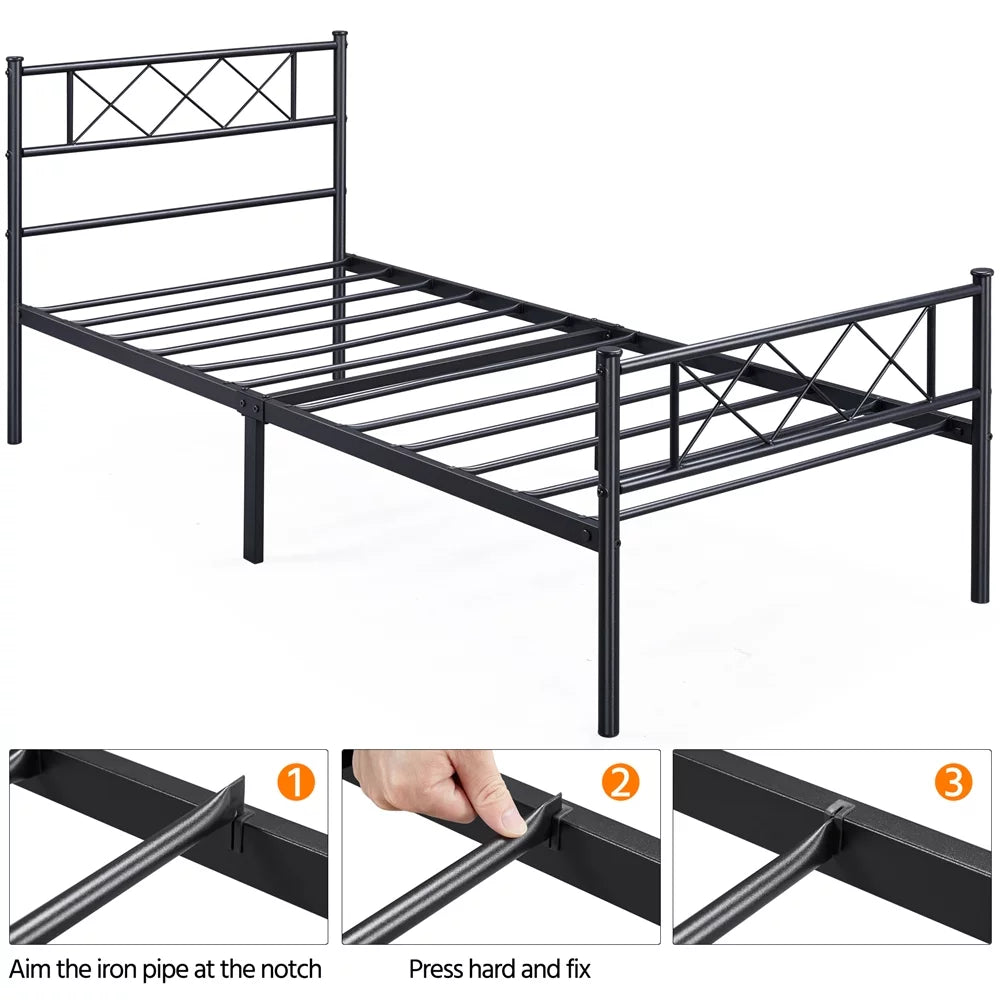 Black Twin Metal Slatted Bed Frame with Headboard Footboard I9013