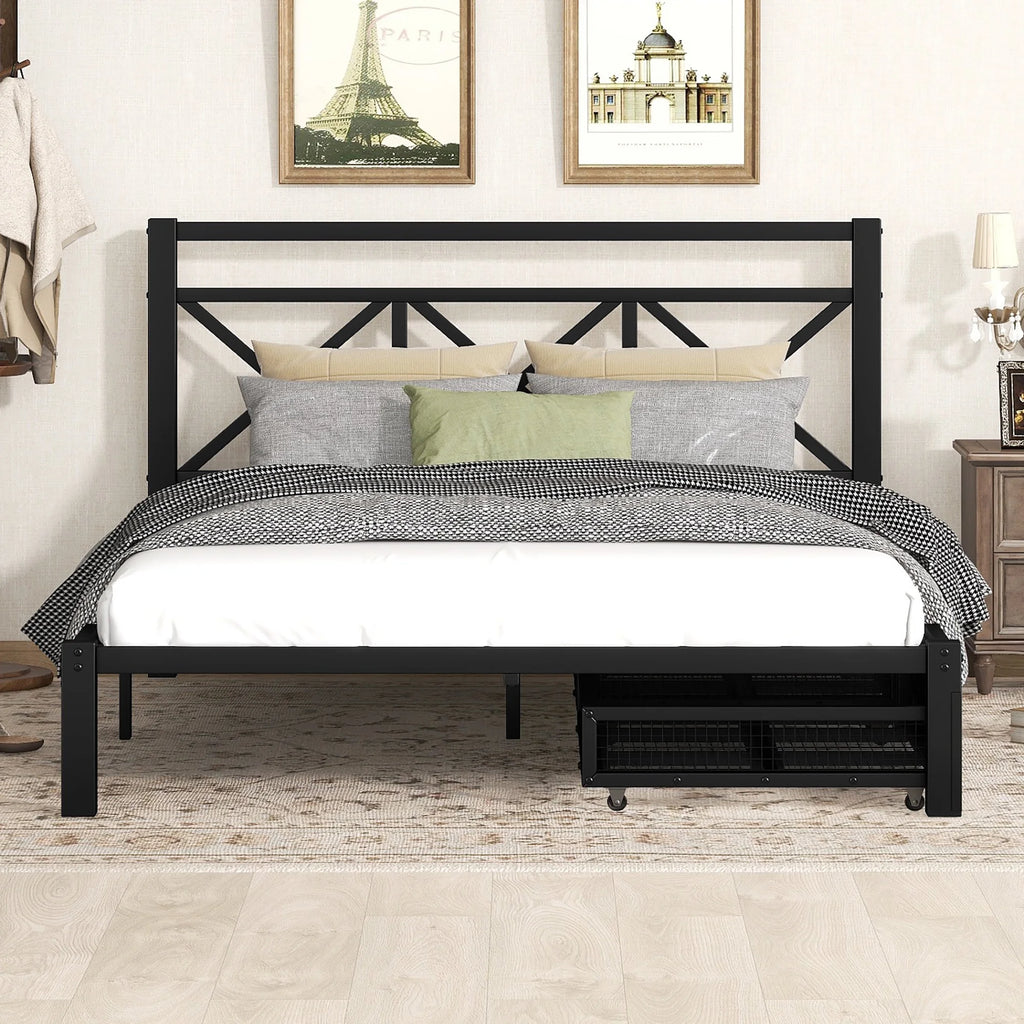 Black Metal Twin Size Platform Bed with Two Drawers E697728