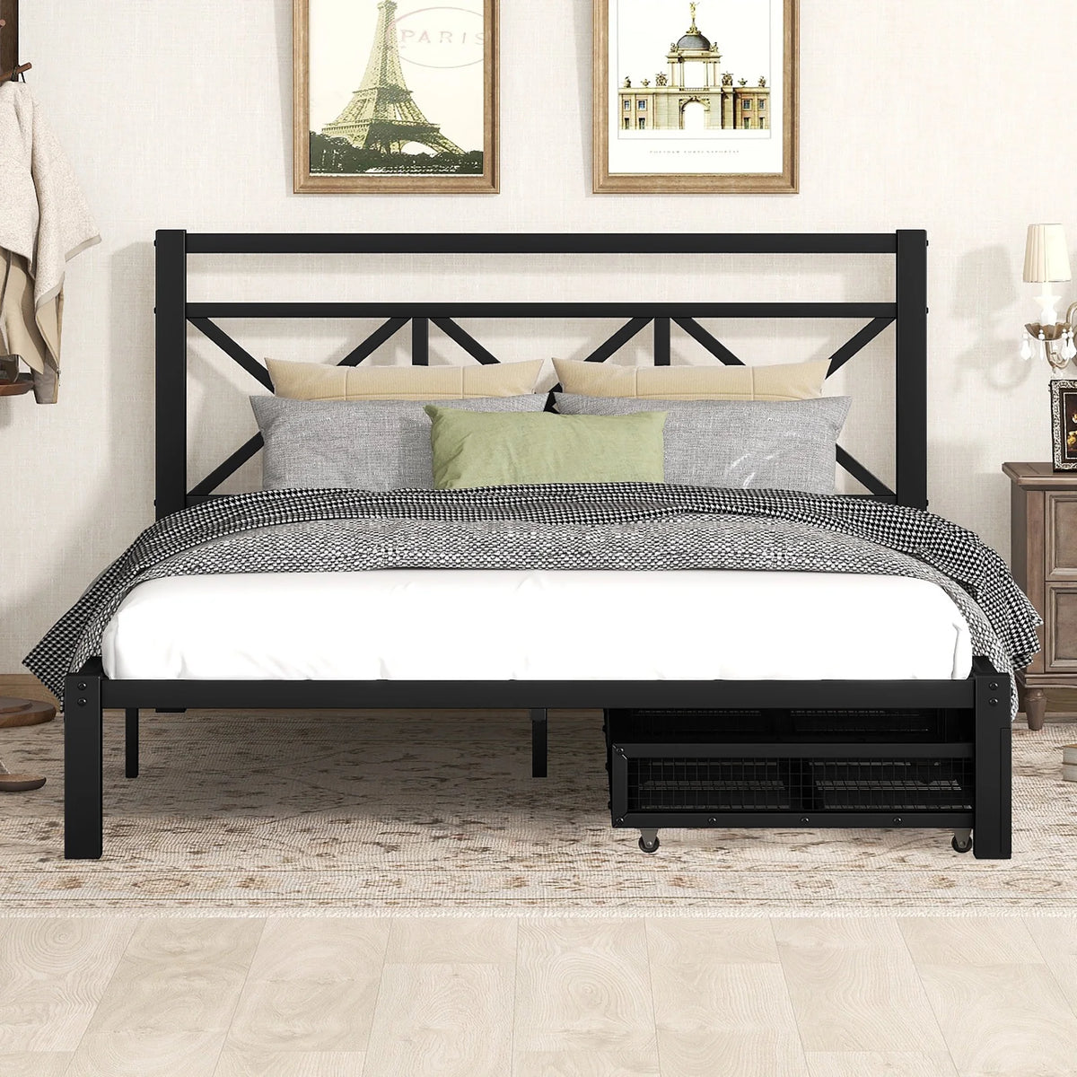 Black Metal Twin Size Platform Bed with Two Drawers E697728