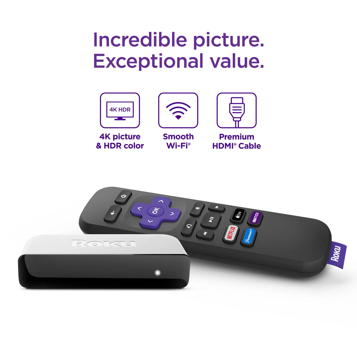 4K HDR Streaming Media Player with HDMI Cable and Remote A191174