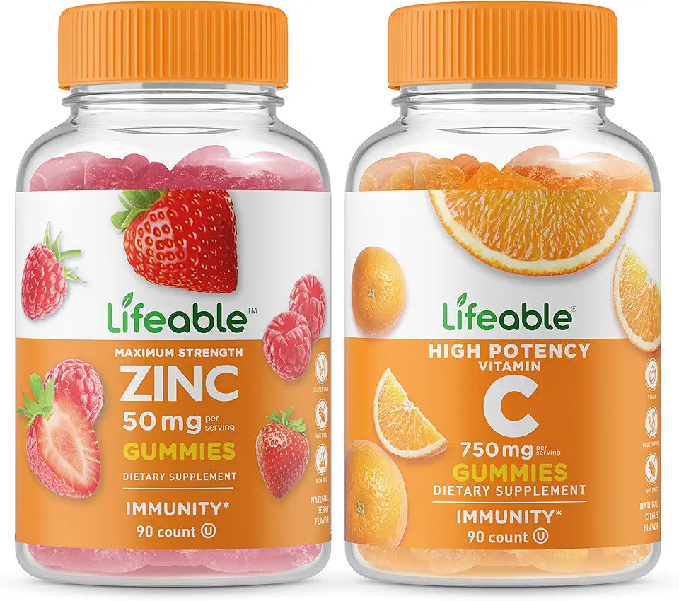Zinc 50mg Vitamin C 750mg Gummies Bundle Chewable Gluten Free Vitamin Supplement P9634