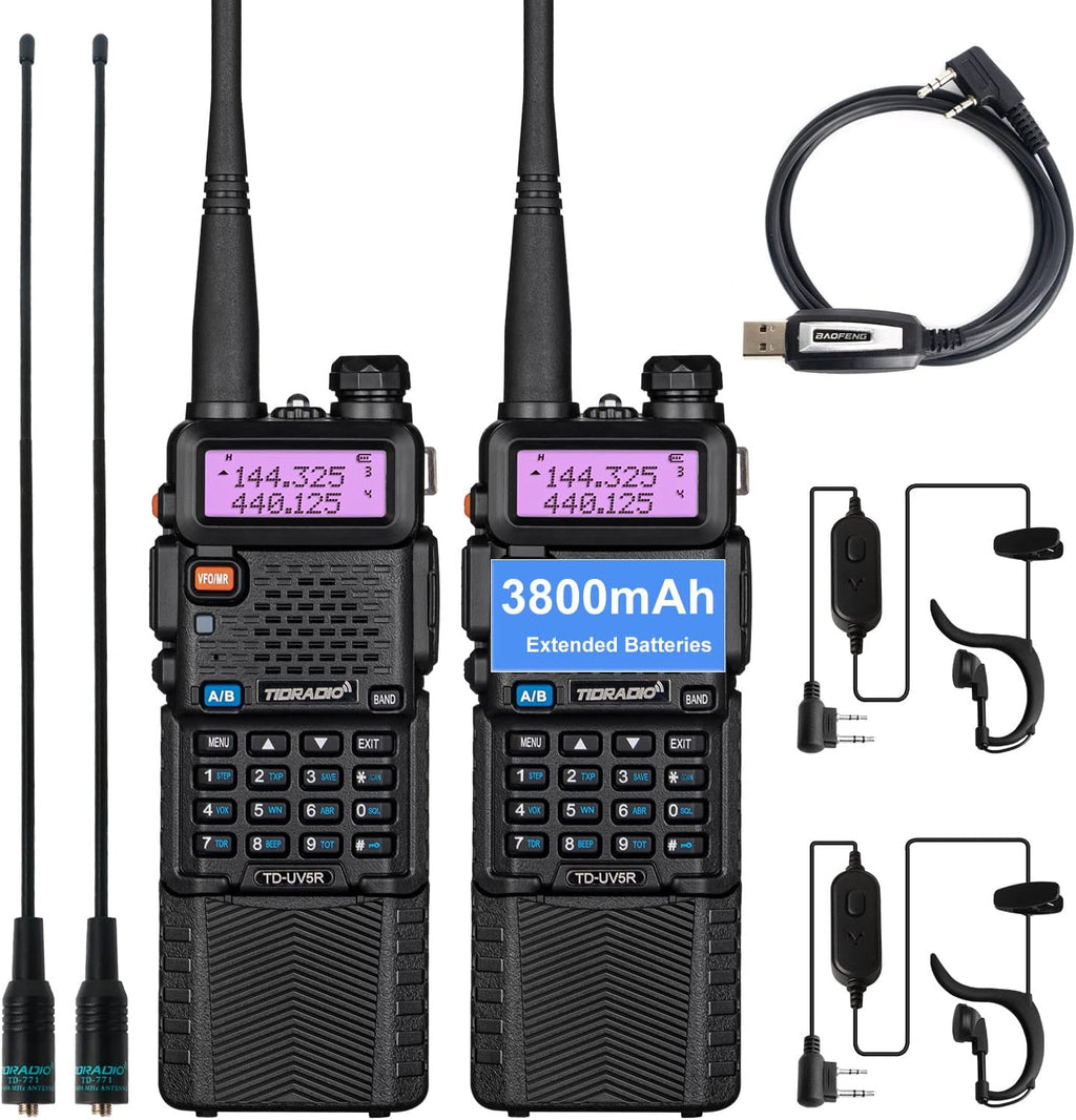 2 Pack Ham Radio Handheld Walkie Talkie with Rechargeable 3800mAh Extended Battery Antenna Earpiece and Programming Cable M223943