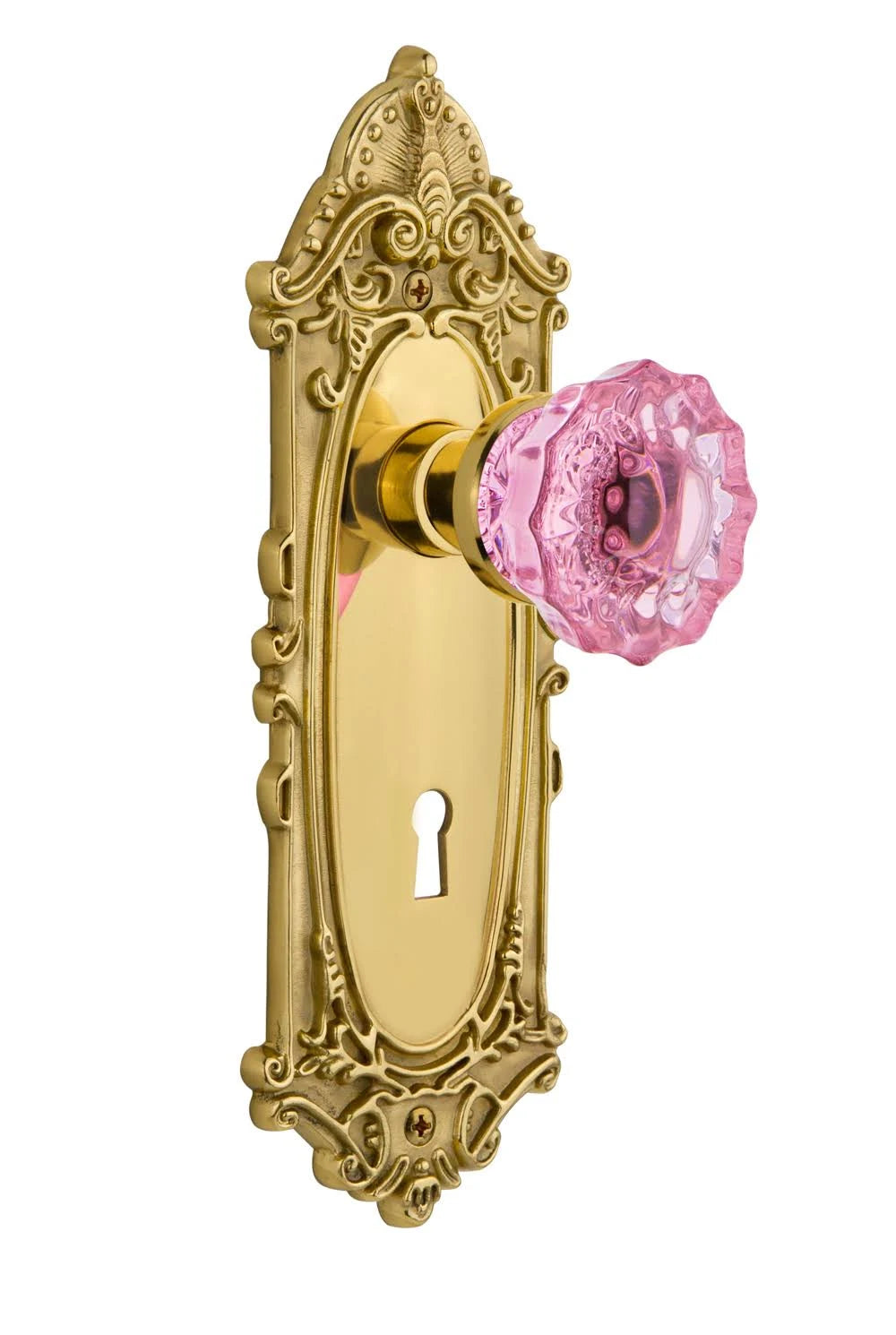 Victorian Crystal Pink Glass Door Knob in Unlaquered Brass X425