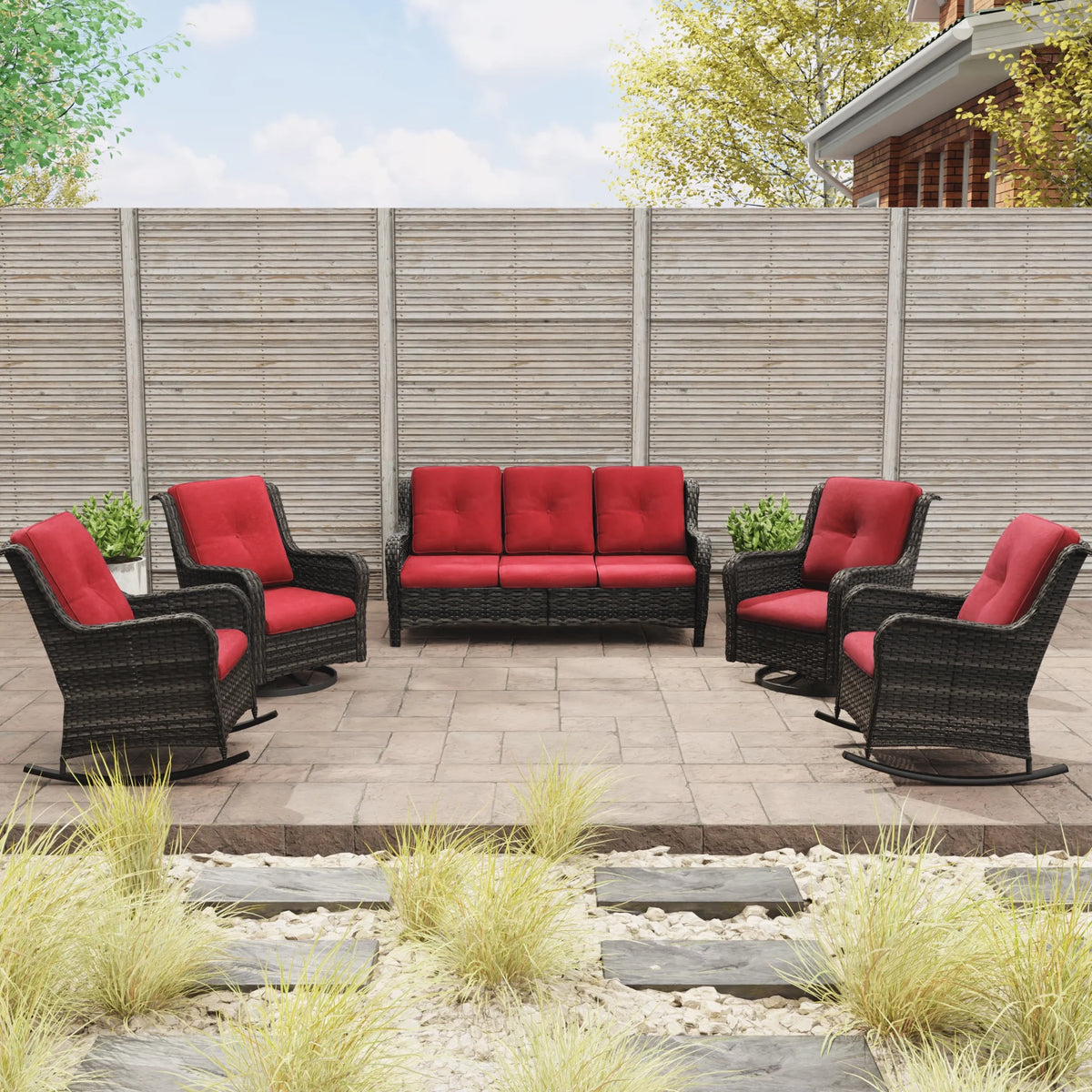 5 Pieces Patio Furniture Set with 3-Seat Sofa and Swivel Rocking Chairs, Red D295679