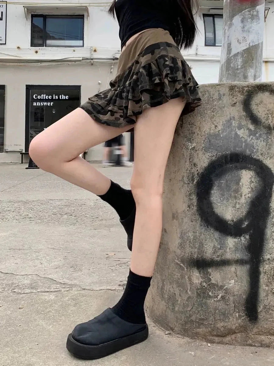 Camouflage Ruffle Mini Skirt V6748
