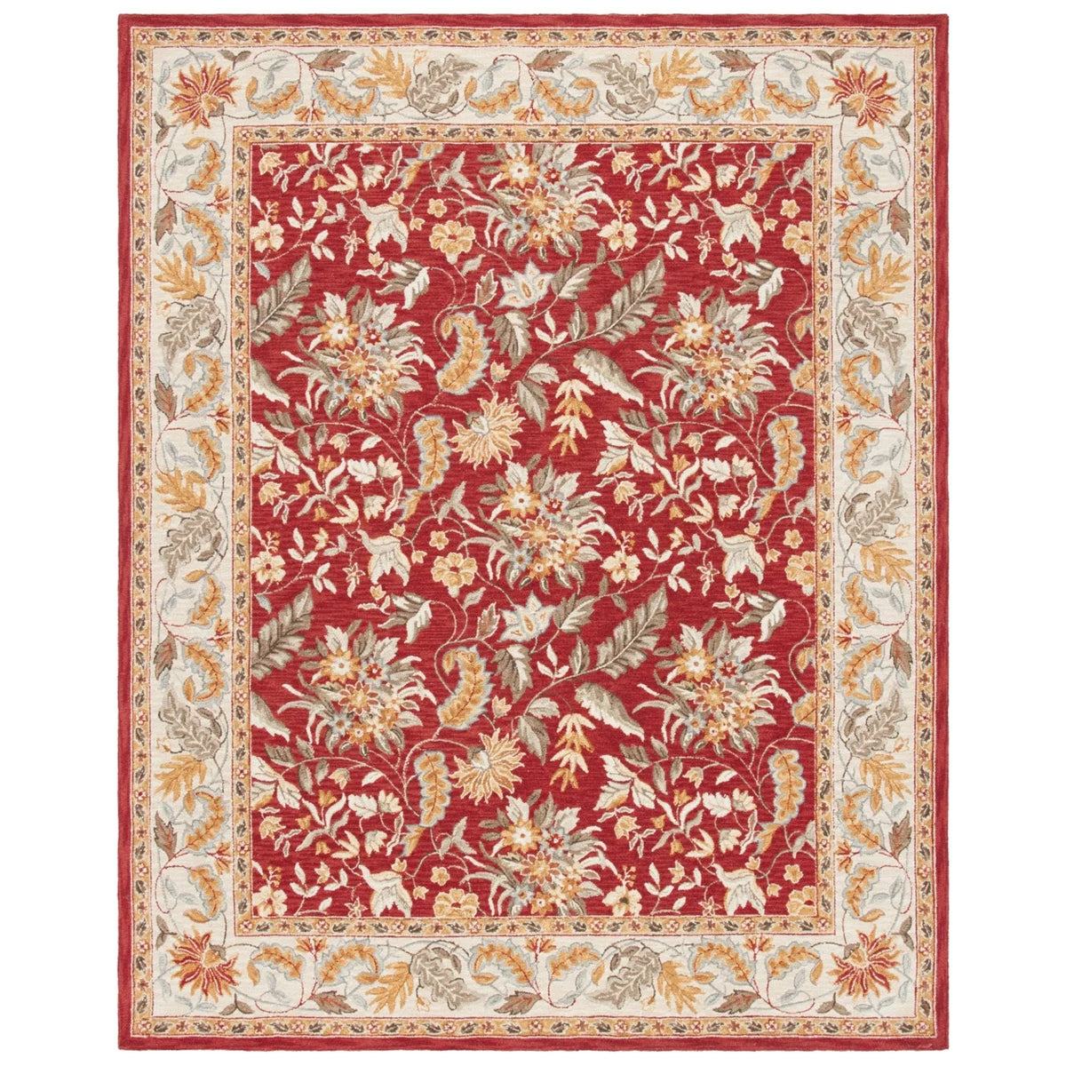 Red Floral Wool Runner Rug A718