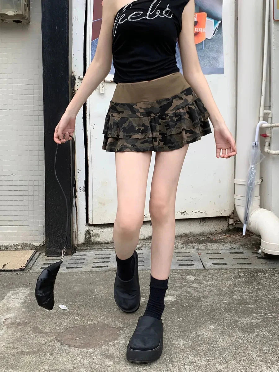 Camouflage Ruffle Mini Skirt V6748