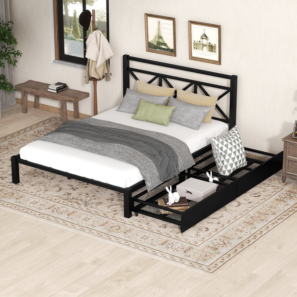 Black Metal Twin Size Platform Bed with Two Drawers E697728