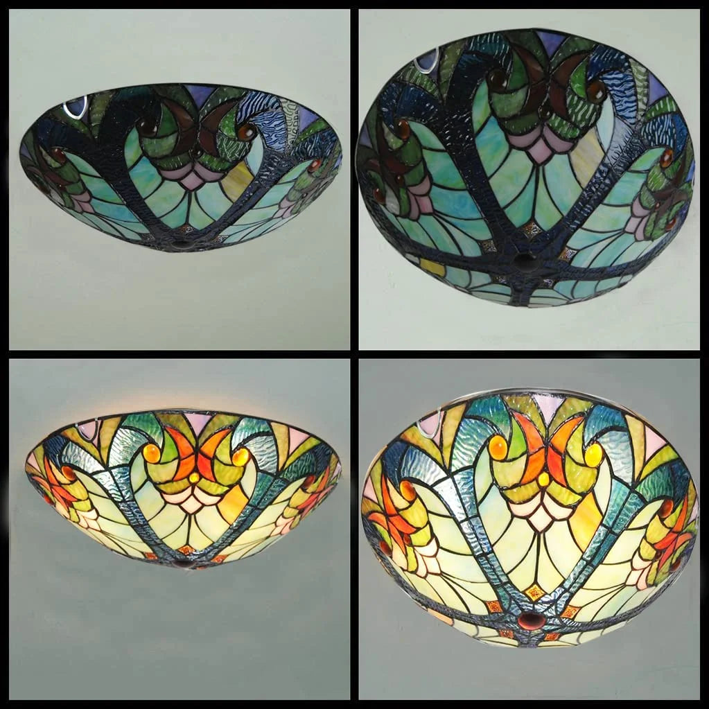 Flush Mount Ceiling Light LED Ceiling Lamp with Tiffany Glass Shade, 3 Light Pendant Light 16" O42051