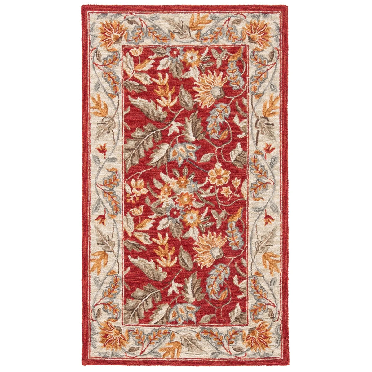 Red Floral Wool Runner Rug A718